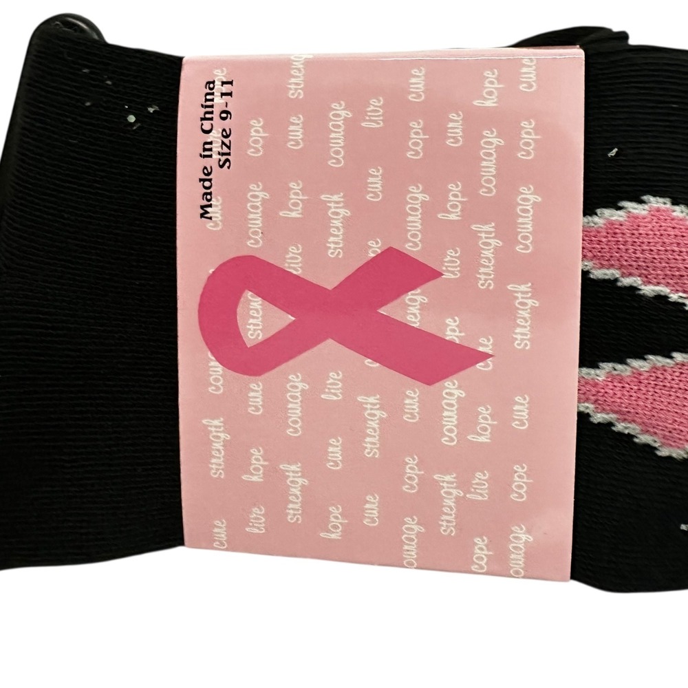 Breast Cancer Awareness Socks Cheerleader Heart Ribbon Black Pink Size 9-11 - Picture 2 of 11